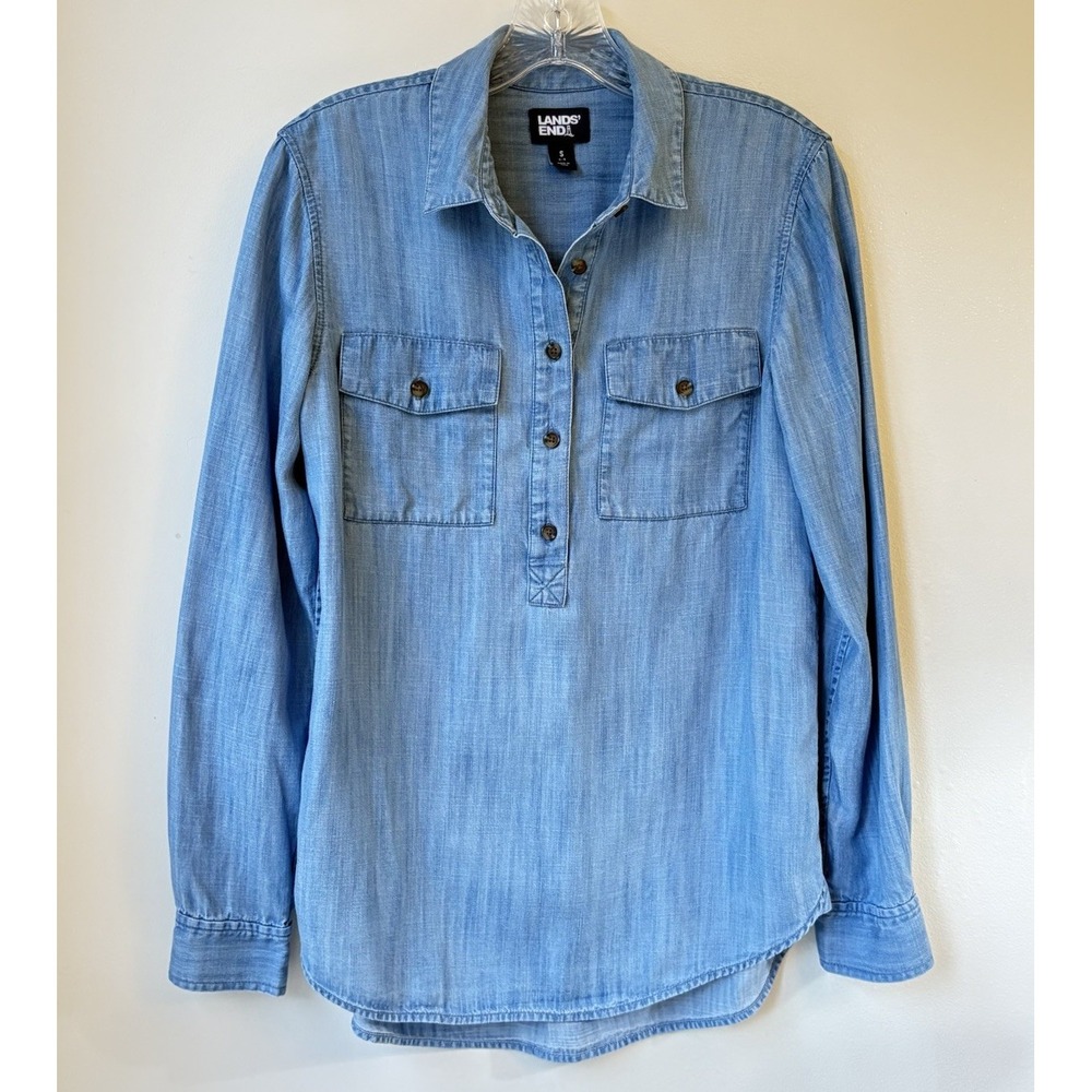 Lands' End Chambray Popover Small Blue Coastal Beach Vacation Casual